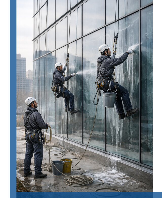 Промышленная мойка панорамных окон на высоте в Инте