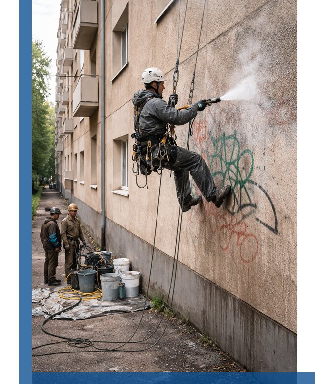 Удаление граффити с фасада в Инте без следов и повреждений