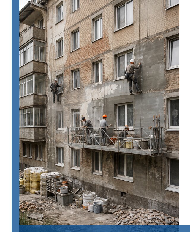 Капитальный ремонт фасада в Инте с восстановлением и гидроизоляцией