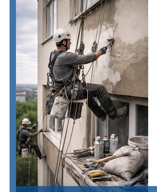 Косметический ремонт фасада зданий в Инте промышленными альпинистами