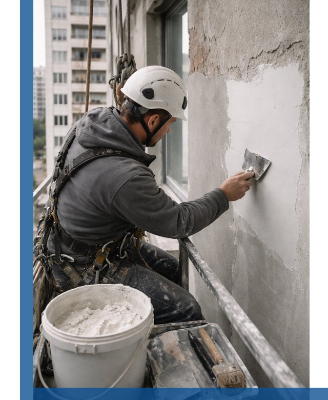 Шпаклевка фасадов на высоте с промальпинистами в Инте