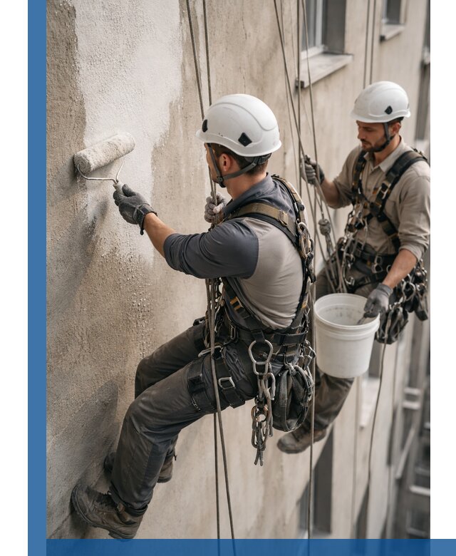 Грунтовка фасада на высоте в Инте промышленными альпинистами