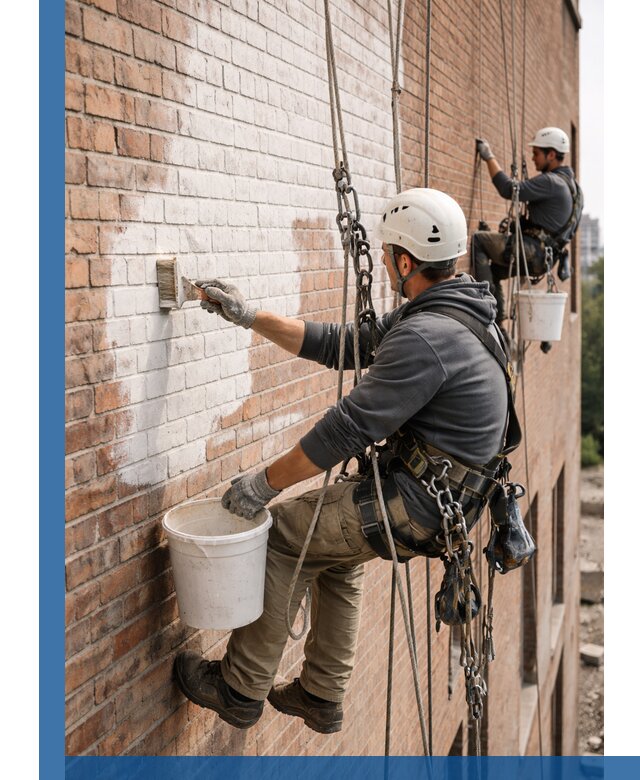 Покраска кирпичного фасада с доступным альпинистским сервисом в Инте