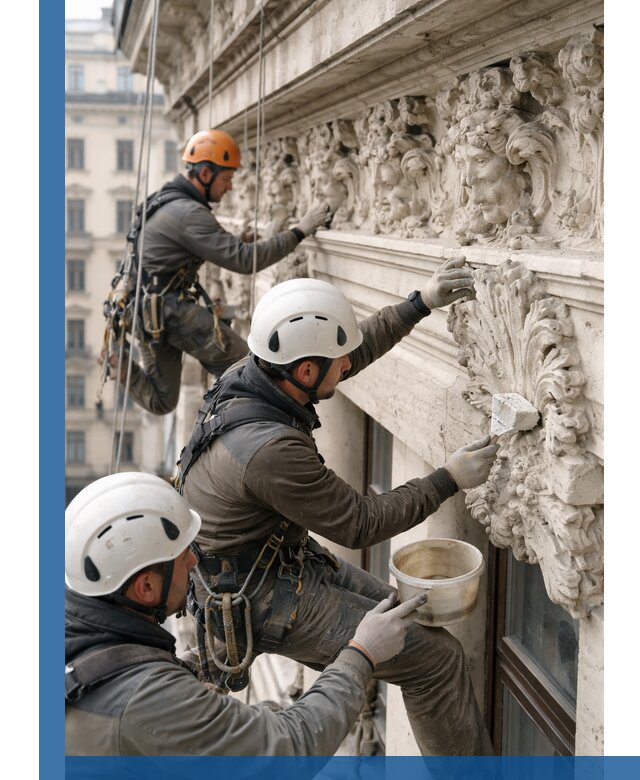 Реставрация фасадной лепнины с высотными работами в Инте