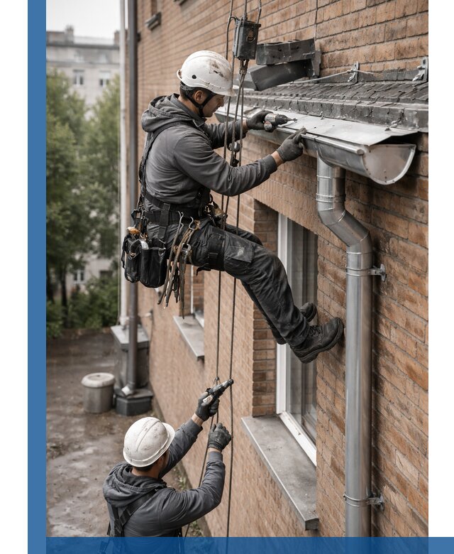 Монтаж водосточной системы на здании в Инте под ключ