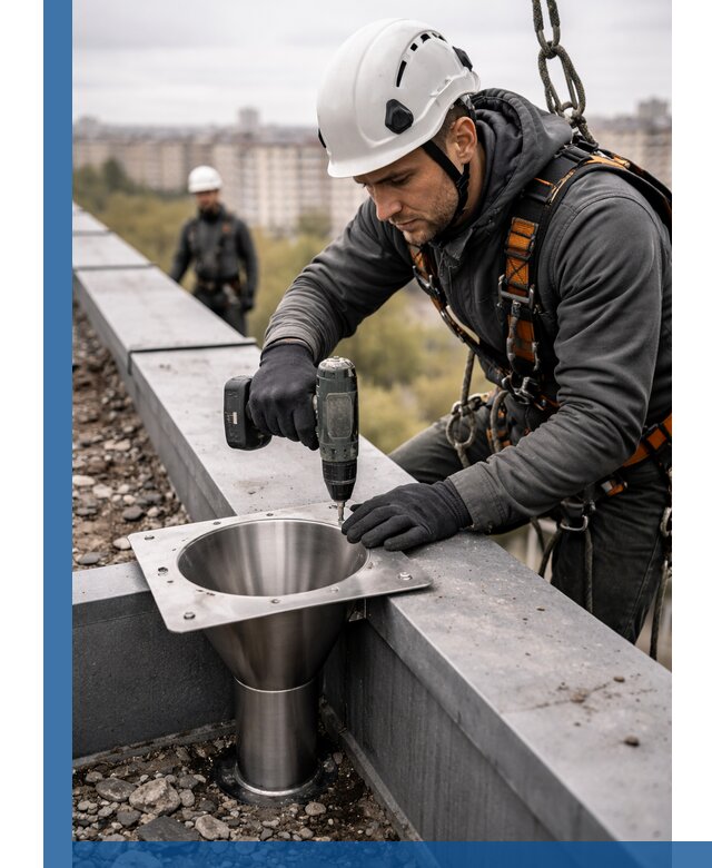 Монтаж водосточных воронок в Инте для промышленных зданий