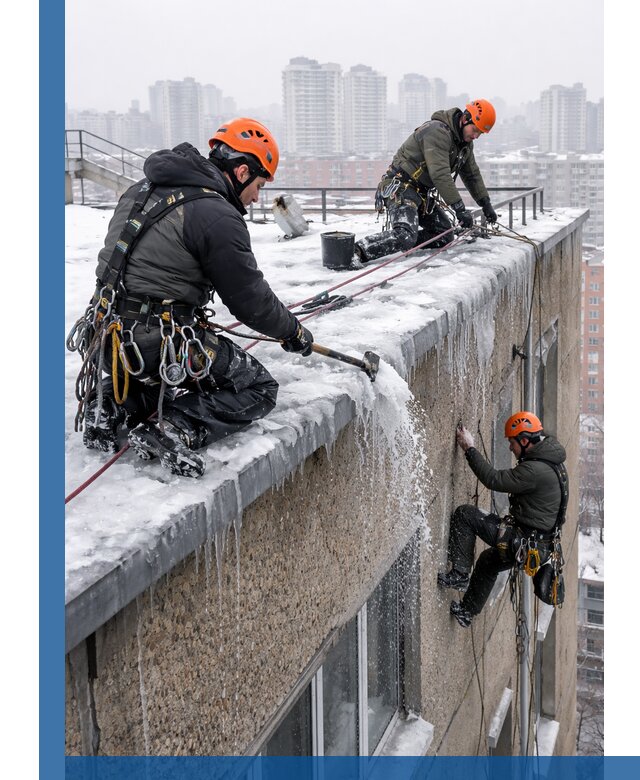 Удаление наледи с кровли в Инте промышленными альпинистами