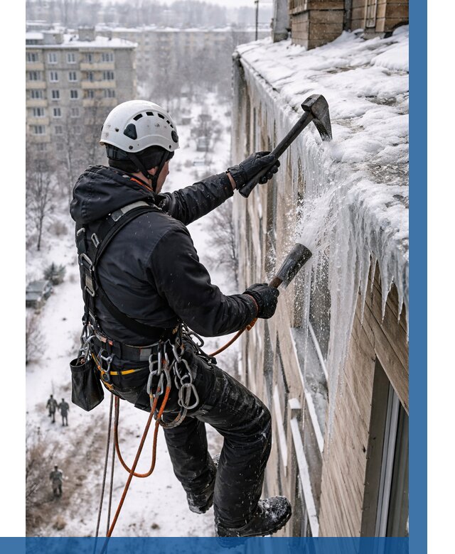 Сбивание сосулек с крыши в Инте по цене от 4564 р. | ВЫСОТНИК-Инт