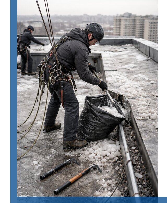 Аварийная очистка кровли в Инте от промальпинистов