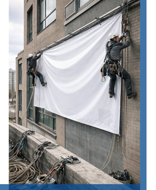 Монтаж баннеров на фасаде в Инте от 659 р. заказать ВЫСОТНИК-Инт