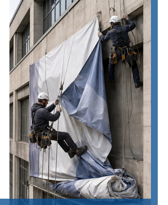 Демонтаж баннеров с фасада в Инте от 4564 р. | ВЫСОТНИК-Инт