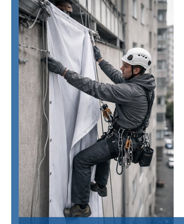 Замена баннерного полотна промышленными альпинистами в Инте
