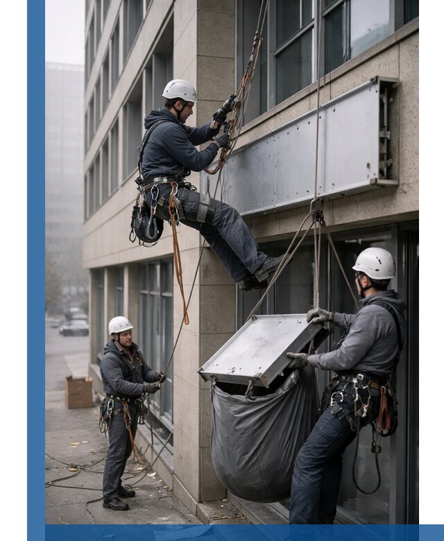 Демонтаж рекламной вывески с высотными работами в Инте