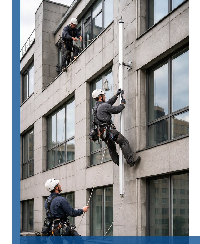 Монтаж флагштока на фасаде здания с креплением и герметикой в Инте