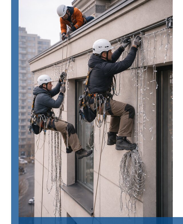 Монтаж праздничных гирлянд на фасаде в Инте для зданий