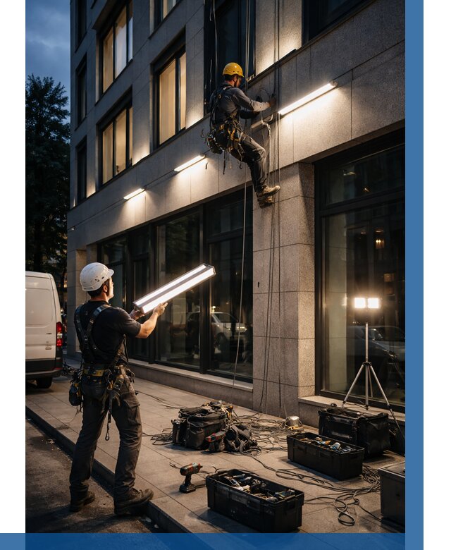 Монтаж архитектурной подсветки здания в Инте от 2536 р.|ВЫСОТНИК-Инт