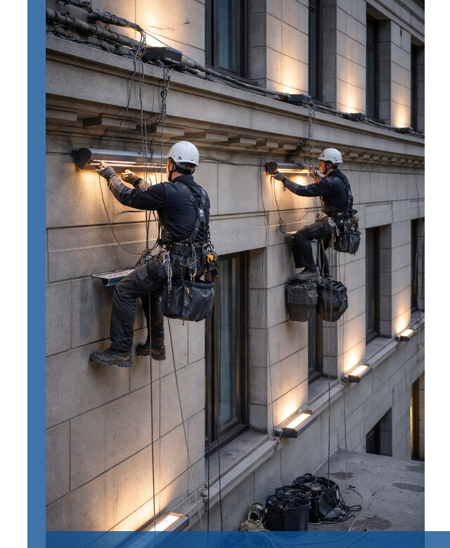 Монтаж архитектурной подсветки фасадов зданий в Инте