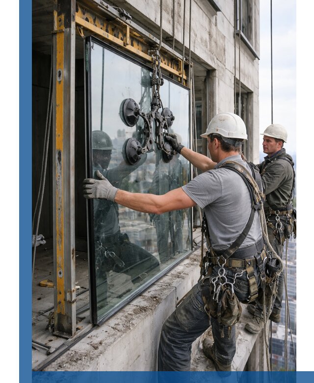 Монтаж стеклопакетов на высоте в Инте с промышленным альпинизмом