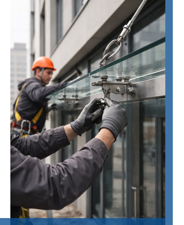 Монтаж стеклянных козырьков в Инте от 8621 р. | ВЫСОТНИК-Инт