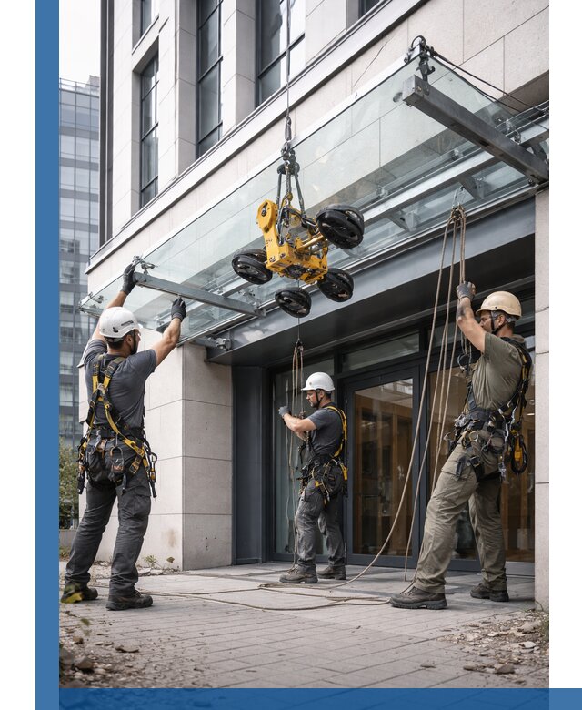 Монтаж стеклянных козырьков под ключ в Инте для зданий