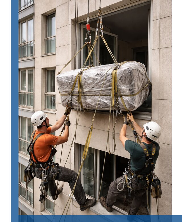 Подъем грузов через окно в Инте промышленными альпинистами