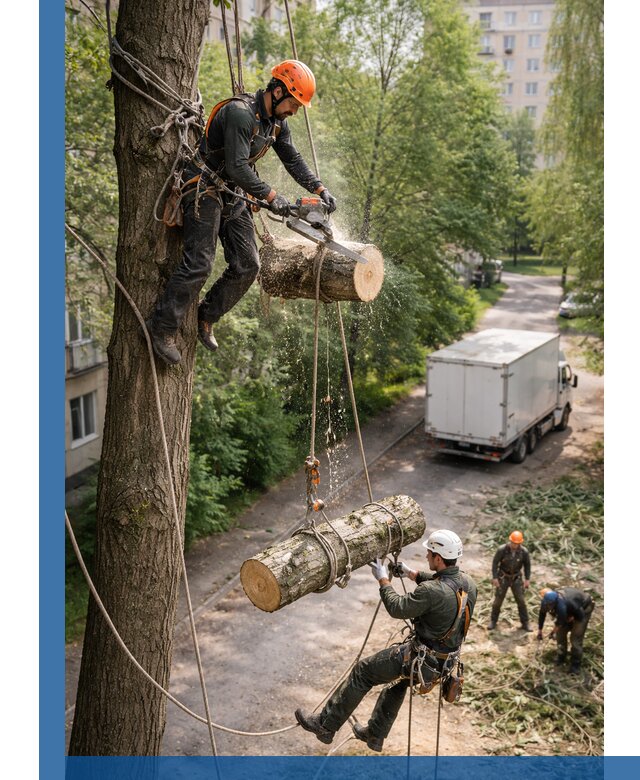Спил деревьев альпинистами в Инте, безопасно и без повреждений