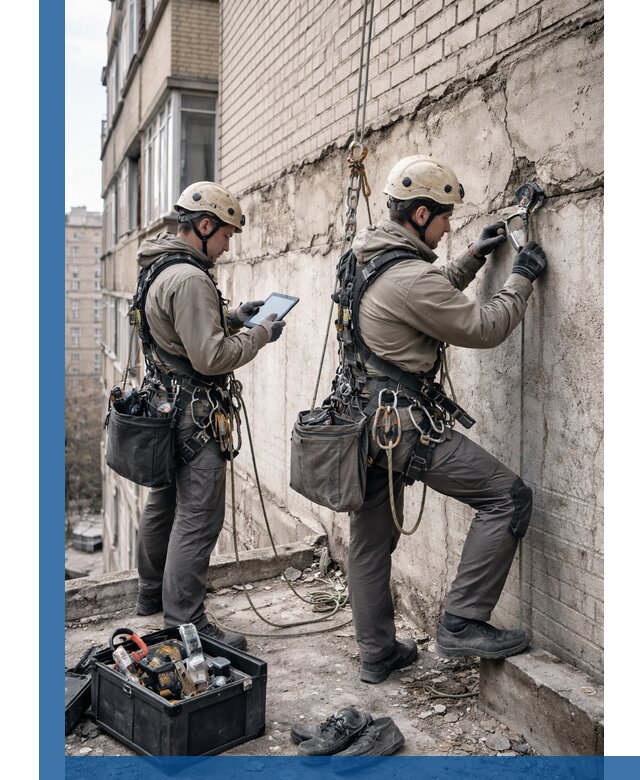 Обследование фасада промышленными альпинистами в Инте